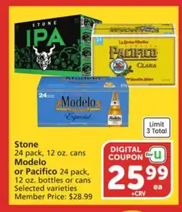 Vons Stone 24 pack, 12 oz. cans Modelo or Pacifico 24 pack, 12 oz. bottles or cans offer