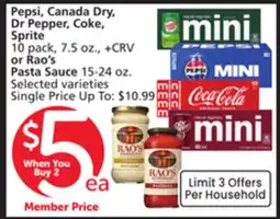 Vons Pepsi, Canada Dry, Dr Pepper, Coke, Sprite 10 pack, 7.5 oz., +CRV or Rao's Pasta Sauce 15-24 oz offer