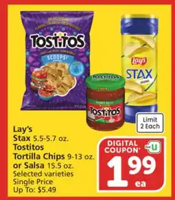 Vons Lay's Stax 5.5-5.7 oz. OR Tostitos Tortilla Chips 9-13 oz. OR Salsa 15.5 oz offer