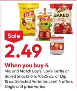 Stater Bros Lay's, Lay's Kettle or Baked Snacks 6 to 9.625 oz. or Dip 15 oz offer