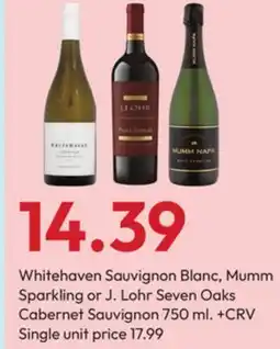 Stater Bros Whitehaven Sauvignon Blanc, Mumm Sparkling or J. Lohr Seven Oaks Cabernet Sauvignon offer