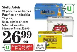 Pavilions Stella Artois 24 pack, 11.2 oz. bottles Pacifico or Modelo offer