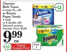 Pavilions Charmin Bath Tissue 6 mega XL rolls or Bounty Paper Towels 4 triple or 6 double rolls offer