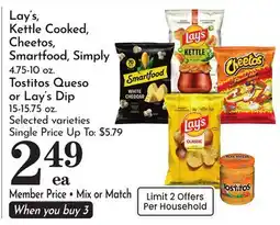 Pavilions Lay's, Kettle Cooked, Cheetos, Smartfood, Simply 4.75-10 oz. Tostitos Queso or Lay's Dip 15-15.75 oz offer
