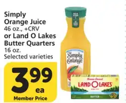 Albertsons Simply Orange Juice 46 oz., or Land O Lakes Butter Quarters 16 oz offer