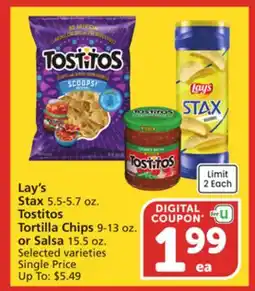 Albertsons Lay's Stax, 5.5-5.7 oz. or Tostitos Tortilla Chips, 9-13 oz. or Salsa, 15.5 oz offer