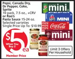 Albertsons Pepsi, Canada Dry, Dr Pepper, Coke, Sprite 10 pack, 7.5 oz. or Rao's Pasta Sauce 15-24 oz offer