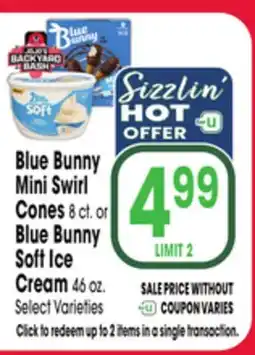 Jewel-Osco Blue Bunny Mini Swirl Cones 8 ct. or Blue Bunny Soft Ice Cream 46 oz offer