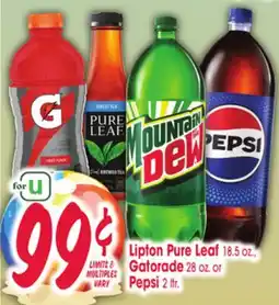 Jewel-Osco Lipton Pure Leaf, 18.5 oz. Gatorade 28 oz or Pepsi 2 ltr offer