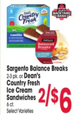Jewel-Osco Sargento Balance Breaks Ice Cream Sandwiches or Dean's Country Fresh Ice Cream Sandwiches offer