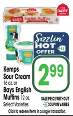Jewel-Osco Kemps Sour Cream, 16 oz. or Bays English Muffins, 12 oz offer