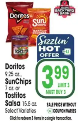 Jewel-Osco Doritos 9.25 oz., SunChips 7 oz. or Tostitos Salsa 15.5 oz offer