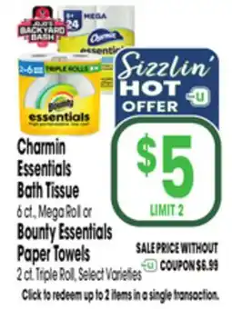 Jewel-Osco Charmin Essentials Bath Tissue 6 ct., Mega Roll or Bounty Essentials Paper Towels 2 ct. Triple Roll offer