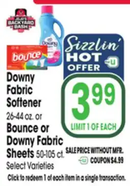 Jewel-Osco Downy Fabric Softener 26-44 oz. or Bounce or Downy Fabric Sheets 50-105 ct offer