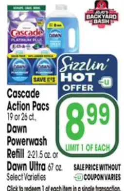 Jewel-Osco Cascade Action Pacs 19 or 26 ct, Dawn Powerwash Refill 2-21.5 oz or Dawn Ultra 67 oz offer