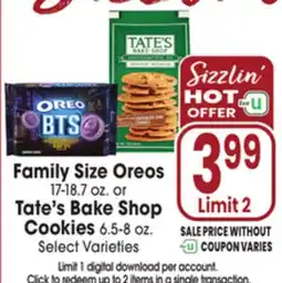 Jewel-Osco Family Size Oreos 17-18.7 oz. or Tate's Bake Shop Cookies 6.5-8 oz offer
