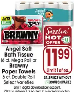 Jewel-Osco Angel Soft Bath Tissue 16 ct. Mega Roll or Brawny Paper Towels 6 ct. Double Roll offer