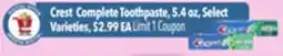 Tony’s Fresh Market Crest Complete Toothpaste offer