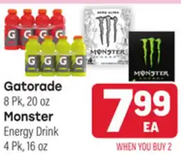 Tony’s Fresh Market Gatorade 8 Pk, 20 oz or Monster Energy Drink 4 Pk, 16 oz offer