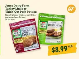 Sprouts Farmers Market Jones Dairy Farm Turkey Links or Thick-Cut Pork Patties offer