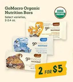 Sprouts Farmers Market GoMacro Organic Nutrition Bars offer