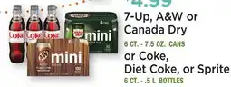 Heinen's 7-Up, A&W or Canada Dry 6 CT - 7.5 OZ CANS or Coke, Diet Coke, or Sprite 6 CT - 5 L BOTTLES offer