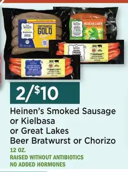 Heinen's Heinen's Smoked Sausage or Kielbasa or Great Lakes Beer Bratwurst or Chorizo offer