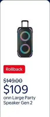 Walmart onn Large Party Speaker Gen 2 with LED Lighting offer