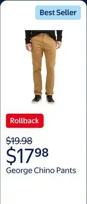 Walmart George Men's & Big Men's Slim Fit Chino Pants, Sizes 28-42 offer