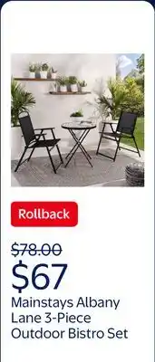 Walmart Mainstays Albany Lane 3-Piece Outdoor Bistro Set, Folding Chairs & Glass Table, Black offer
