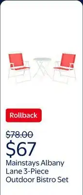 Walmart Mainstays Albany Lane 3-Piece Outdoor Bistro Set, Red/White offer