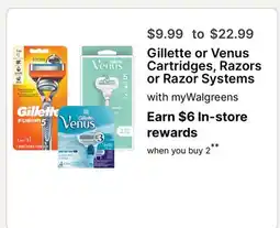 Walgreens Gillette or Venus Cartridges, Razors or Razor Systems offer