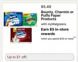 Walgreens Bounty, Charmin or Puffs Paper Products offer