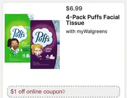 Walgreens 4-Pack Puffs Facial Tissue offer