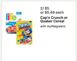 Walgreens Cap'n Crunch or Quaker Cereal offer