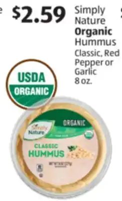 Aldi Simply Nature Organic Hummus Classic, Red Pepper or Garlic offer