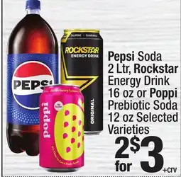 Super King Markets Pepsi Soda 2 Ltr, Rockstar Energy Drink 16 oz or Poppi Prebiotic Soda 12 oz offer