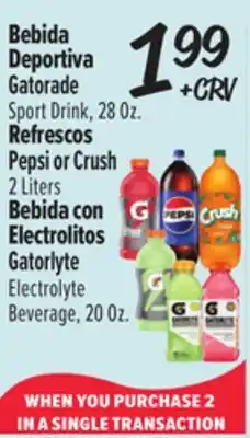 El Super Gatorade port Drink, 28 0z. Pepsi or Crush 2 Liters Gatorlyte Electrolyte Beverage, 20 0z offer