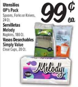 El Super OP's Pack Spoons, Forks or Knives, 24 Ct., Melody Napkins, 180 Ct., Simply Value Clear Cups, 20 Ct offer