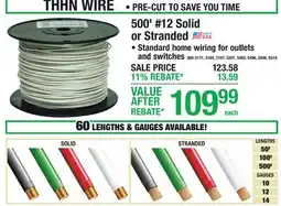 Menards THHN WIRE 500' #12 Solid or Stranded offer