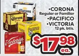 Torres Supermercado CORONA Regular or Familiar • PACIFICO • VICTORIA offer