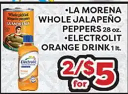 Torres Supermercado •LA MORENA WHOLE JALAPEÑO PEPPERS 28 oz. •ELECTROLIT ORANGE DRINK 1 lt offer