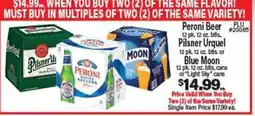 Angelo Caputo's Fresh Market Peroni 12 pk, 12 oz. btls., Pilser Urquel 12 pk, 12 oz. btls. or Blue Moon 12 pk, 11.5 oz. btls offer