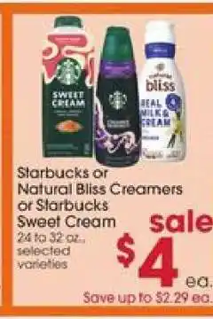 Giant Eagle Starbucks or Natural Bliss Creamers or Starbucks Sweet Cream offer