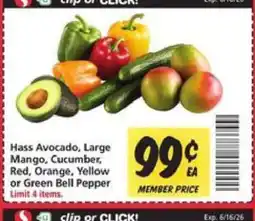 Safeway Hass Avocado, Large Mango, Cucumber, Red, Orange, Yellow or Green Bell Pepper offer