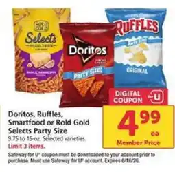 Safeway Doritos, Ruffles, Smartfood or Rold Gold Selects Party Size offer