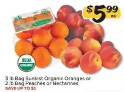 Winn Dixie 3 lb Bag Sunkist Organic Oranges or 2 lb Bag Peaches or Nectarines offer