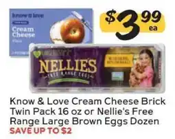 Winn Dixie Know & Love Cream Cheese Brick Twin Pack 16 oz or Nellie's Free Range Large Brown Eggs Dozen offer