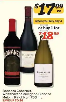 Winn Dixie Bonanza Cabernet, Whitehaven Sauvignon Blanc or Meiomi Pinot Noir 750 mL offer