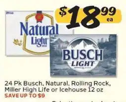 Winn Dixie 24 Pk Busch, Natural, Rolling Rock, Miller High Life or Icehouse 12 oz offer